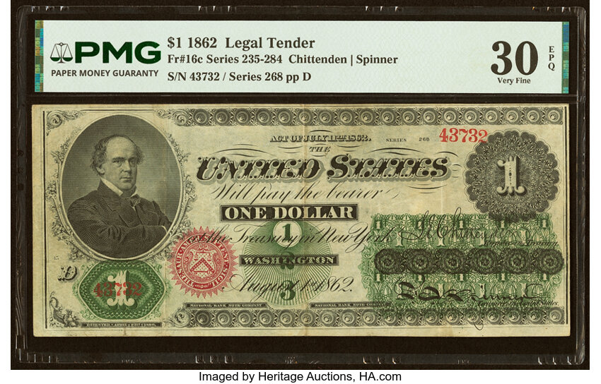 1862 $1  Seal Type 2, No Patent Date (Fr. 16c) thumbnail 2