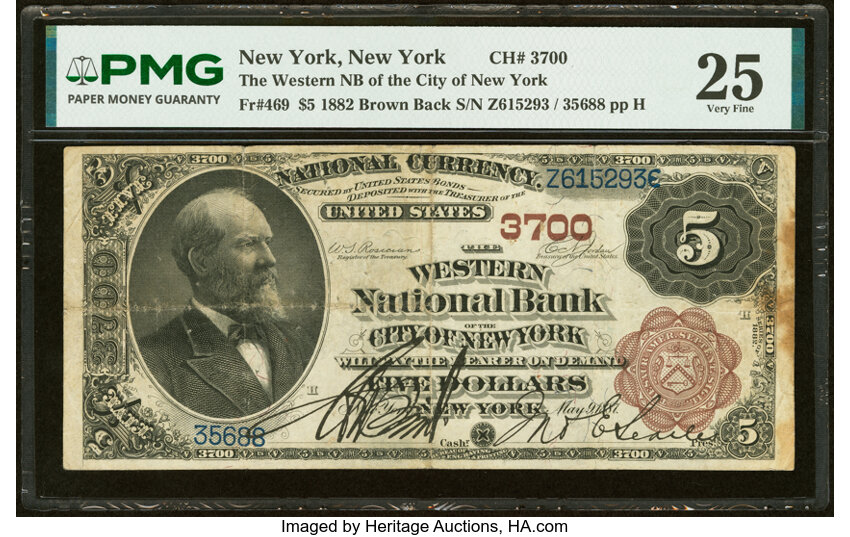 1882 $5  2nd Charter Period, 1st Issue, Brown Back (Fr. 469) thumbnail 2