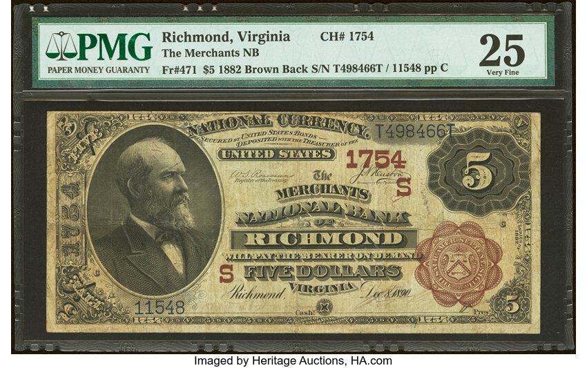 1882 $5  2nd Charter Period, 1st Issue, Brown Back (Fr. 471) thumbnail 2