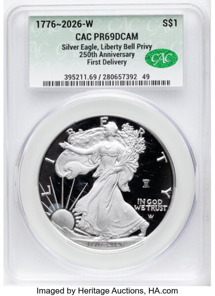 1776~2026-W $1  Silver Eagle, Liberty Bell Privy, 250th Anniversary PR DCAM thumbnail 13