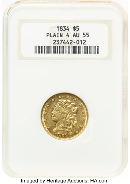 1834 $5  Classic Head, Plain 4, HM-3 MS thumbnail 3