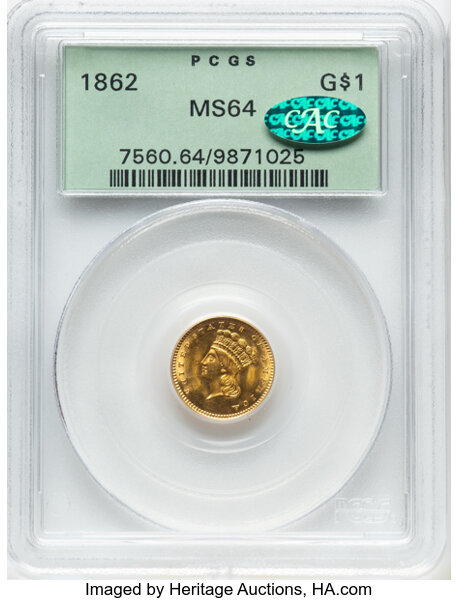 1862 G$1 Doubled Die Obverse, FS-101 MS thumbnail 2