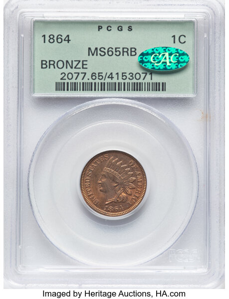 1864 1c Bronze, Repunched Date, S-1 MS RB thumbnail 2