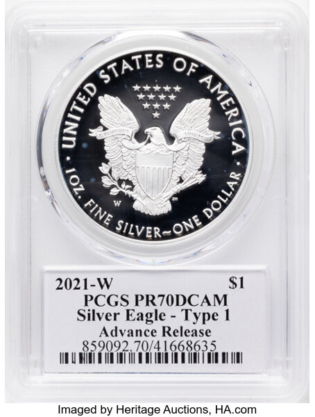 2021-W $1  Silver Eagle, Type 1 PR DCAM PR70 DCAM CAC thumbnail 6