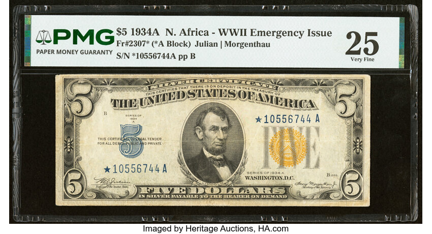 1934A $5  North Africa, Star Replacement (Fr. 2307*) thumbnail 2
