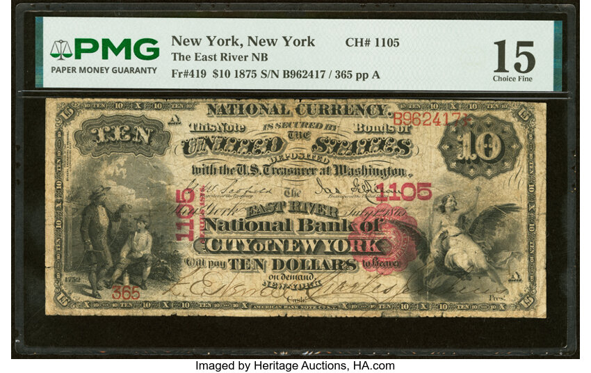 1875 $10  1st Charter Period, Scalloped Seal (Fr. 419) thumbnail 2