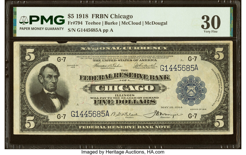 1918 $5  Chicago (Fr. 794) thumbnail 2