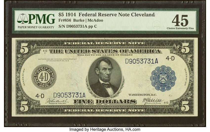 1914 $5  Blue Seal, Cleveland (Fr. 856) thumbnail 3