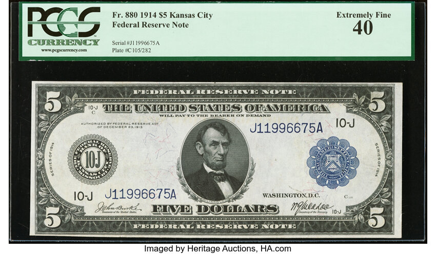 1914 $5  Blue Seal, Kansas City (Fr. 880) thumbnail 2