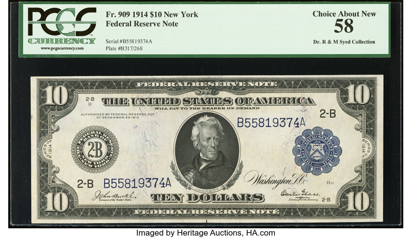 1914 $10  Blue Seal, New York (Fr. 909) thumbnail 3