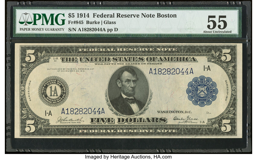 1914 $5  Blue Seal, Boston (Fr. 845) thumbnail 2