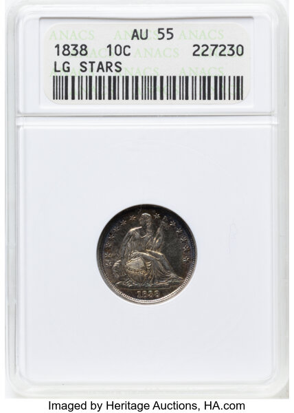 1838 10c No Drapery, Large Stars, Cracked Obv #2, F-110A MS thumbnail 3
