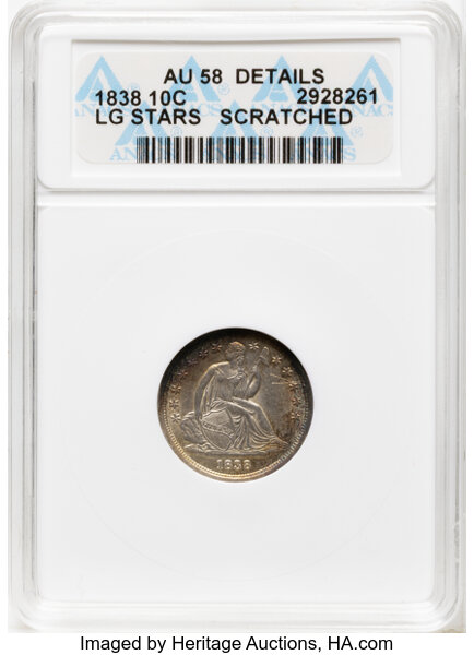 1838 10c No Drapery, Large Stars, Cracked Obv #2, F-110A MS thumbnail 2