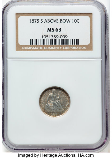 1875-S 10c Mintmark Above Bow MS thumbnail 3