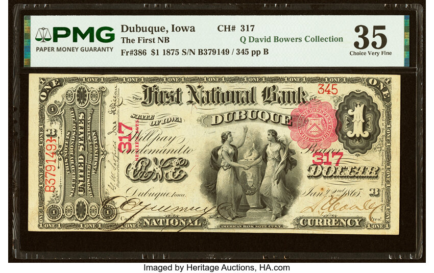 1875 $1  1st Charter Period, Scalloped Seal (Fr. 386) thumbnail 2