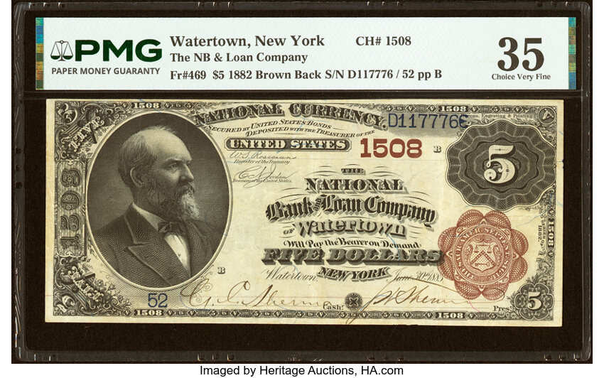 1882 $5  2nd Charter Period, 1st Issue, Brown Back (Fr. 469) thumbnail 6