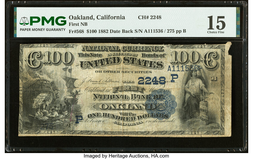 1882 $100  2nd Charter Period, 2nd Issue, Date Back (Fr. 568) thumbnail 2