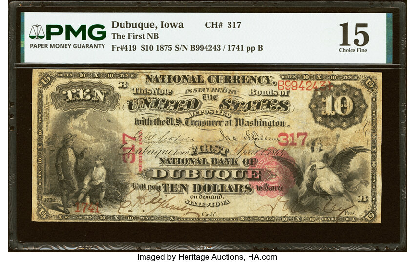 1875 $10  1st Charter Period, Scalloped Seal (Fr. 419) thumbnail 4