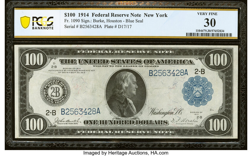 1914 $100  Blue Seal, New York (Fr. 1090) thumbnail 3