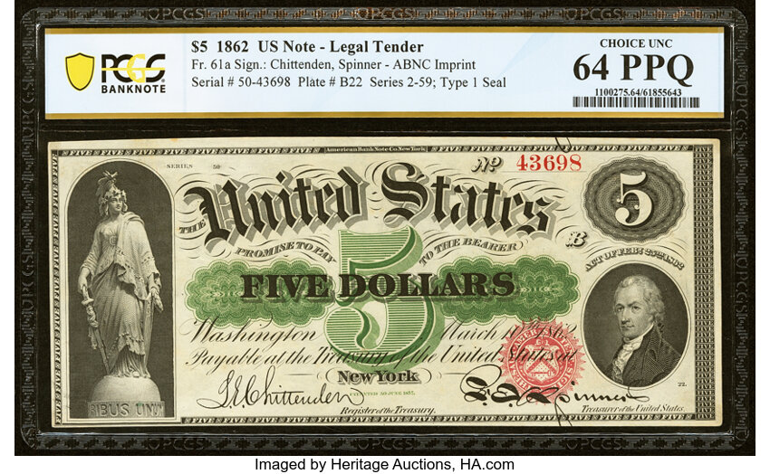 1862 $5  Seal Type 1 (Fr. 61a) thumbnail 3