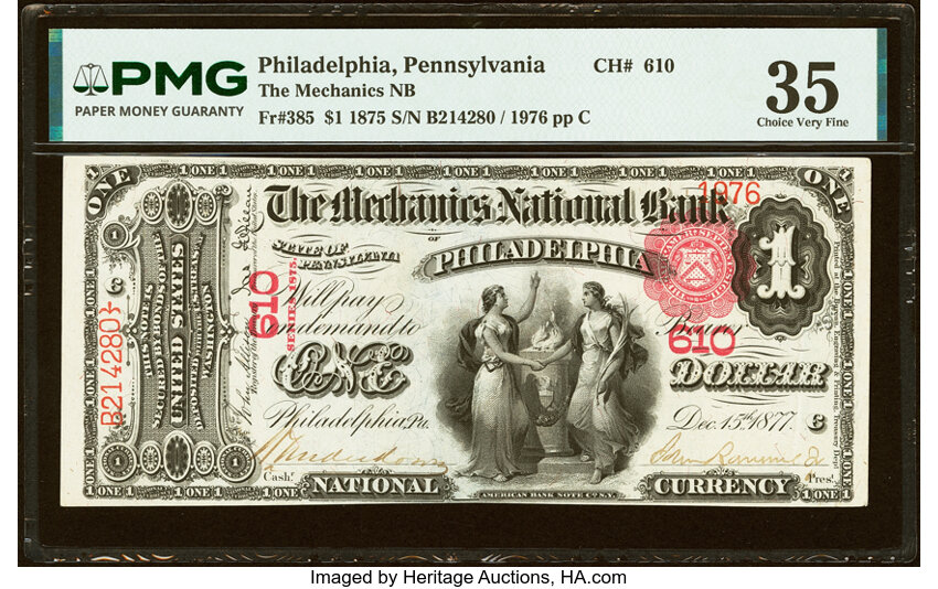 1875 $1  1st Charter Period, Scalloped Seal (Fr. 385) thumbnail 2