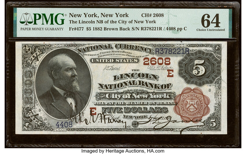 1882 $5  2nd Charter Period, 1st Issue, Brown Back (Fr. 477) thumbnail 2