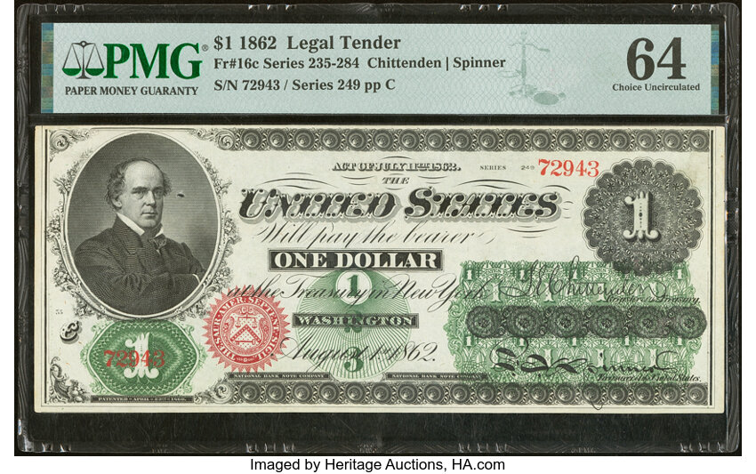 1862 $1  Seal Type 2, No Patent Date (Fr. 16c) thumbnail 5