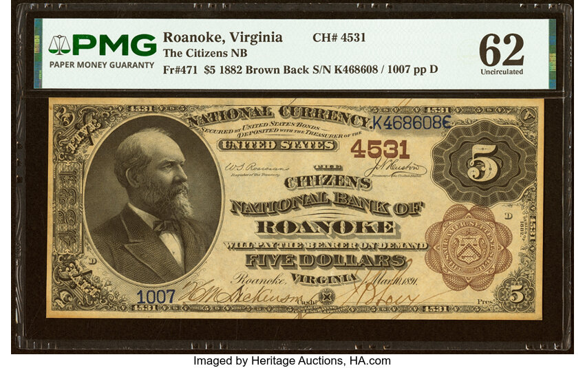 1882 $5  2nd Charter Period, 1st Issue, Brown Back (Fr. 471) thumbnail 2