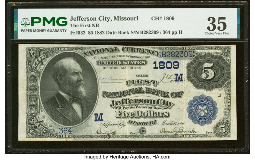 1882 $5  2nd Charter Period, 2nd Issue, Date Back (Fr. 532) thumbnail 2