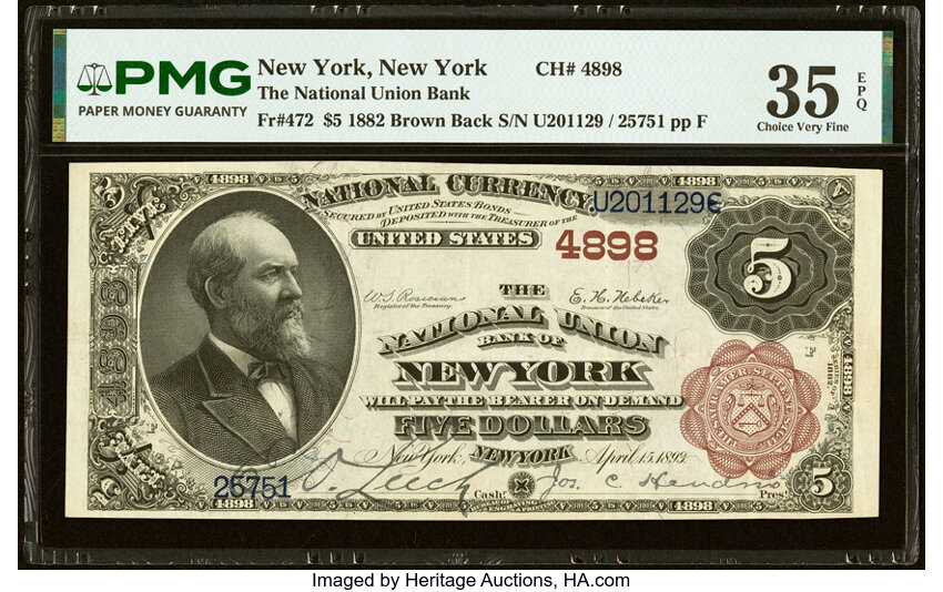 1882 $5  2nd Charter Period, 1st Issue, Brown Back (Fr. 472) thumbnail 5