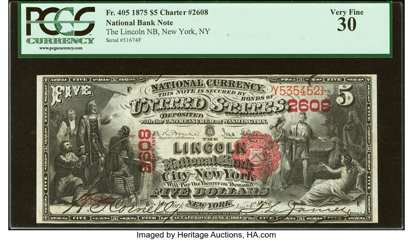 1875 $5  1st Charter Period, Scalloped Seal (Fr. 405) thumbnail 2