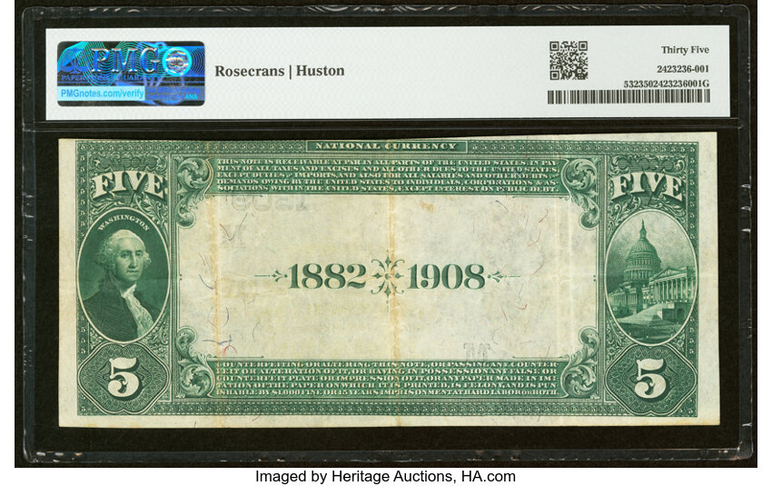 1882 $5  2nd Charter Period, 2nd Issue, Date Back (Fr. 532) thumbnail 3
