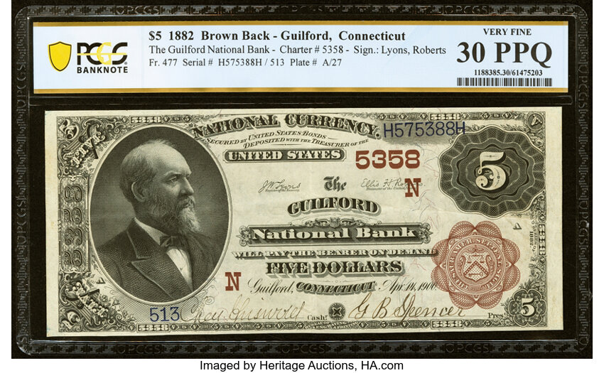 1882 $5  2nd Charter Period, 1st Issue, Brown Back (Fr. 477) thumbnail 8