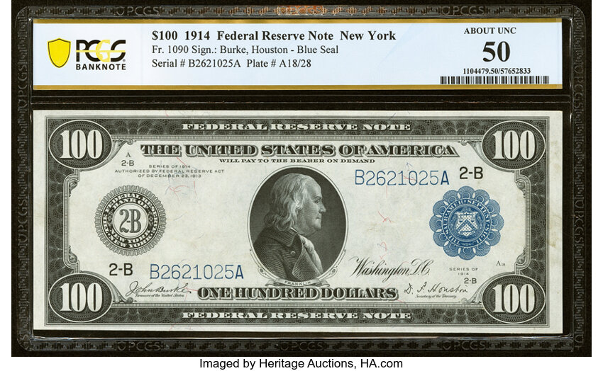 1914 $100  Blue Seal, New York (Fr. 1090) thumbnail 2