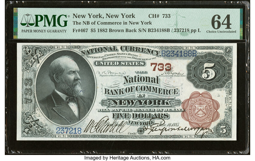 1882 $5  2nd Charter Period, 1st Issue, Brown Back (Fr. 467) thumbnail 6