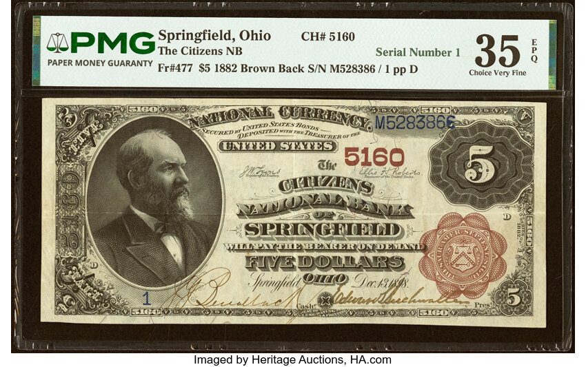 1882 $5  2nd Charter Period, 1st Issue, Brown Back (Fr. 477) thumbnail 5