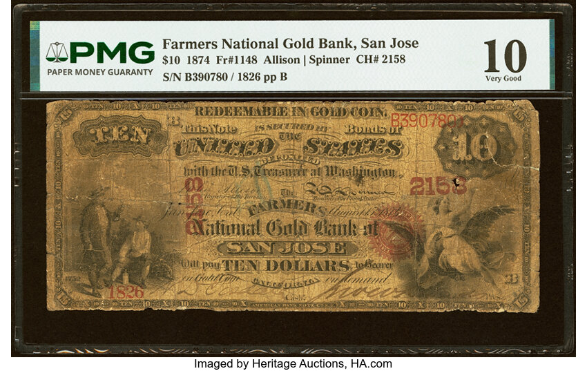 1874 $10  San Jose (Fr. 1148) thumbnail 2