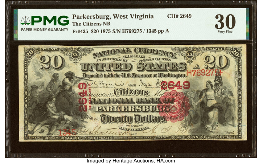 1875 $20  1st Charter Period, Scalloped Seal (Fr. 435) thumbnail 3