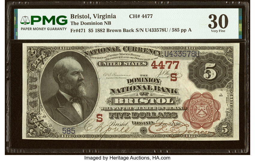 1882 $5  2nd Charter Period, 1st Issue, Brown Back (Fr. 471) thumbnail 3
