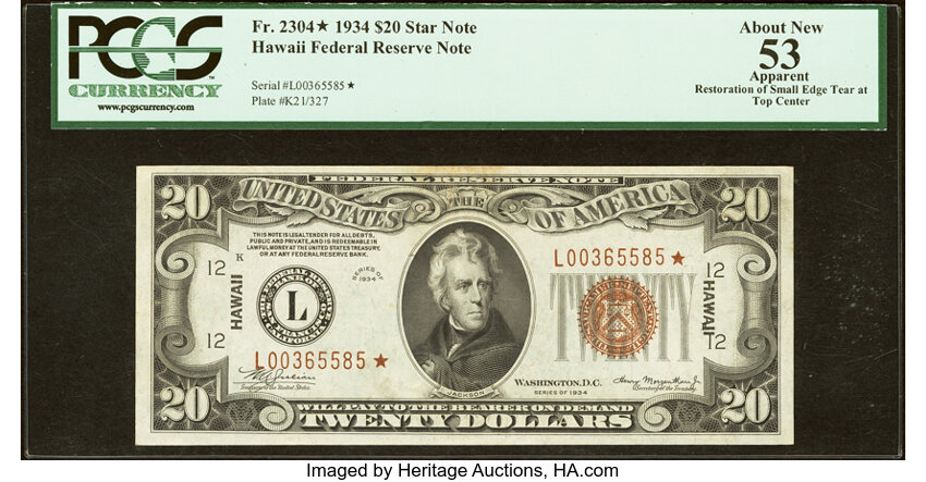 1934 $20  Hawaiian, Star Replacement (Fr. 2304*) thumbnail 2