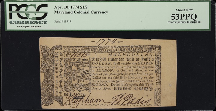Apr 10, 1774 $1/2 Maryland (Fr. MD64) thumbnail 3