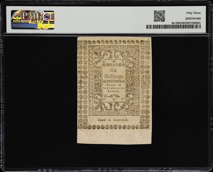 May 1786 6s Rhode Island (Fr. RI296) thumbnail 7