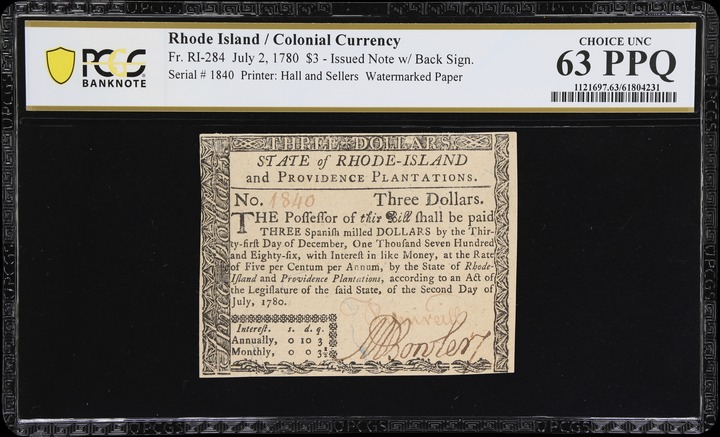Jul 2, 1780 $3  Rhode Island (Fr. RI284) thumbnail 2