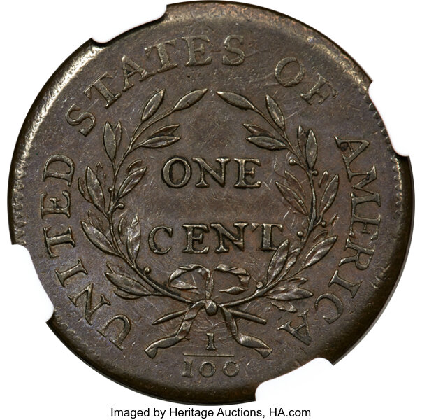1796 1c Draped Bust, Reverse of 1795, S-92  MS BN thumbnail 3