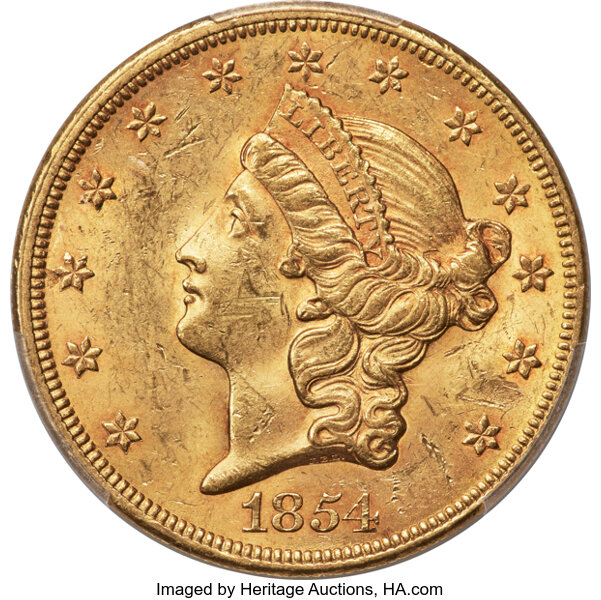 1854 $20  Small Date MS thumbnail 2