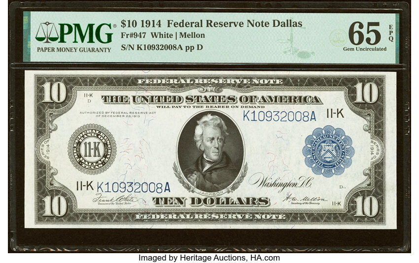 1914 $10  Blue Seal, Dallas (Fr. 947) thumbnail 2