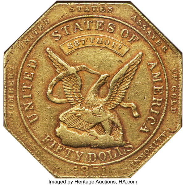 1851 G$50  Humbert, Target Rev, 887 THOUS, Reeded Edge, K-6 MS thumbnail 2