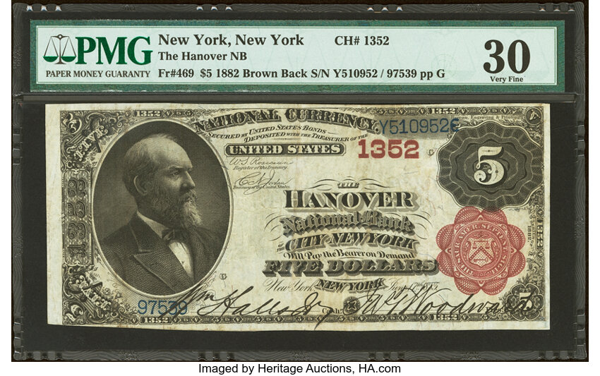 1882 $5  2nd Charter Period, 1st Issue, Brown Back (Fr. 469) thumbnail 2