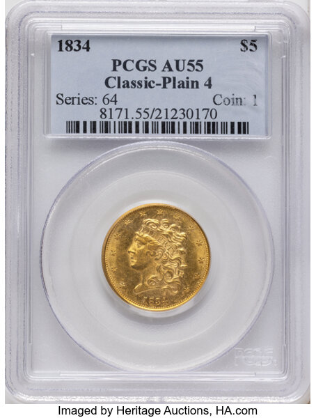 1834 $5  Classic Head, Plain 4, HM-7 MS thumbnail 2