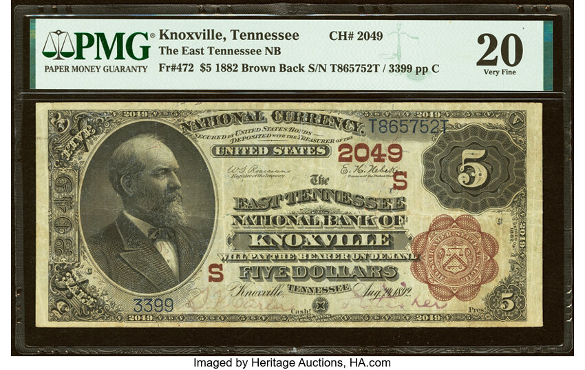 1882 $5  2nd Charter Period, 1st Issue, Brown Back (Fr. 472) thumbnail 2
